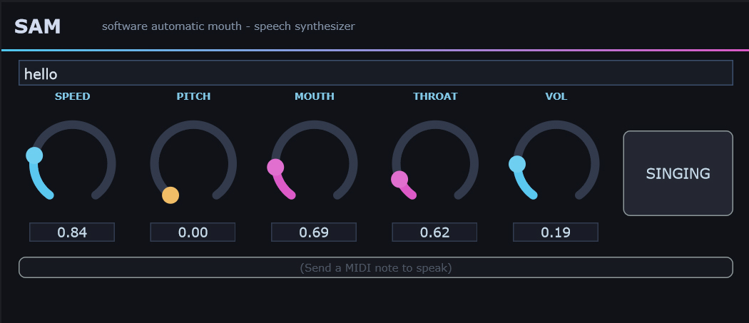 SAM VST3 plugin — formant speech synthesizer interface