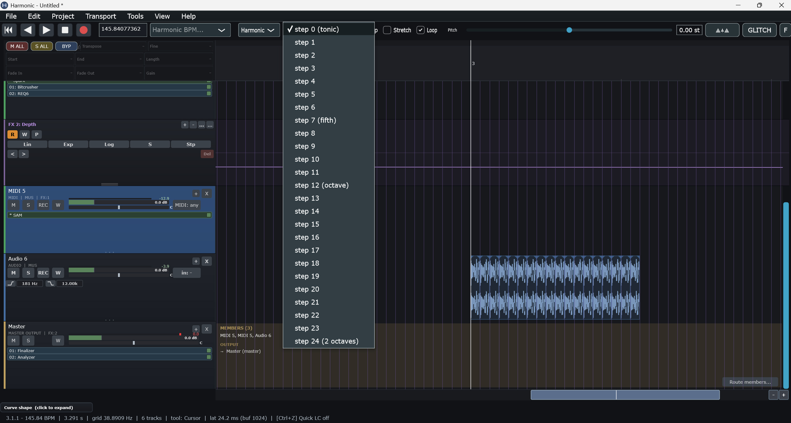 HarmonicDAW main interface with the Harmonic step menu open