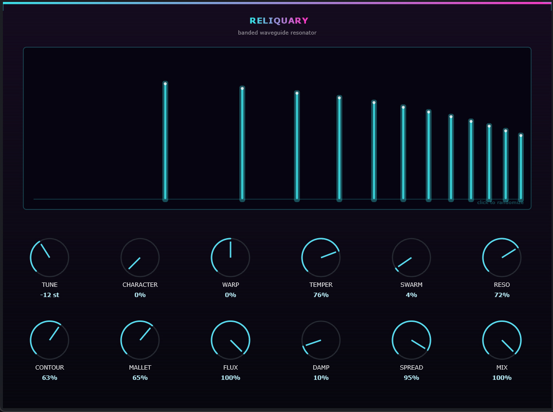 Reliquary VST3 plugin interface showing the animated partial bank and knob row