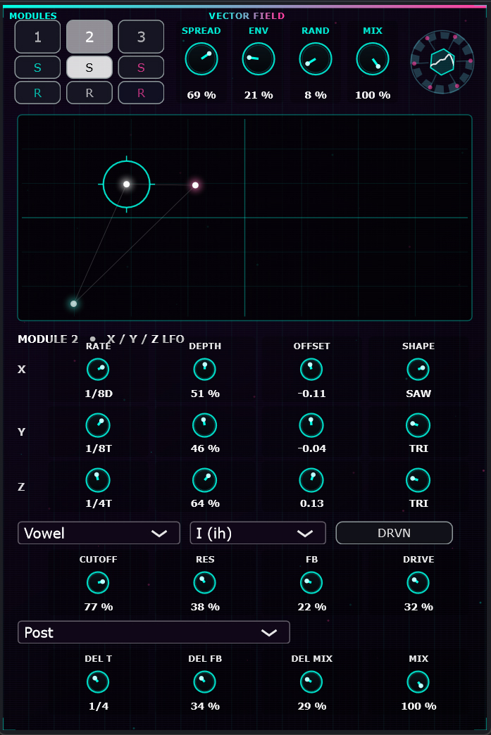 Vector Field VST3 interface showing the animated field with three modulation balls and the module panels